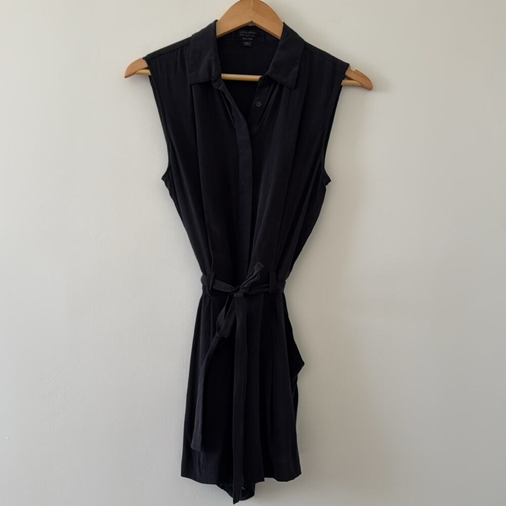 AllSaints Nila Silk Playsuit Black Belted Romper Size 6 Minimalist Coquette - Picture 2 of 6